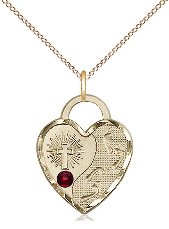 14kt Gold Filled Footprints Heart Pendant with a 3mm Garnet Swarovski stone on a 18 inch Gold Filled Light Curb chain