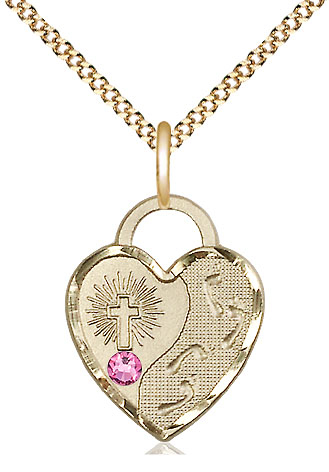 14kt Gold Filled Footprints Heart Pendant with a 3mm Rose Swarovski stone on a 18 inch Gold Plate Light Curb chain