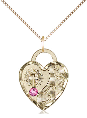 14kt Gold Filled Footprints Heart Pendant with a 3mm Rose Swarovski stone on a 18 inch Gold Filled Light Curb chain