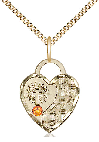 14kt Gold Filled Footprints Heart Pendant with a 3mm Topaz Swarovski stone on a 18 inch Gold Plate Light Curb chain