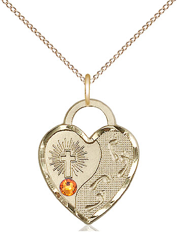 14kt Gold Filled Footprints Heart Pendant with a 3mm Topaz Swarovski stone on a 18 inch Gold Filled Light Curb chain