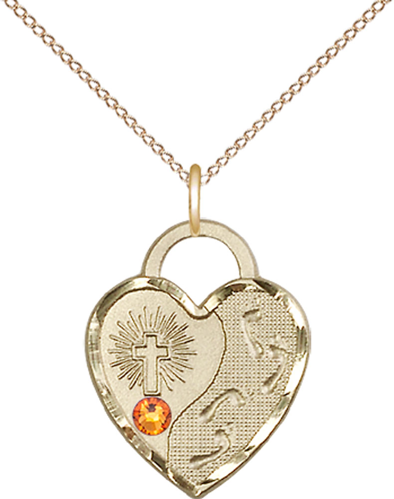 14kt Gold Filled Footprints Heart Pendant with a 3mm Topaz Swarovski stone on a 18 inch Gold Filled Light Curb chain