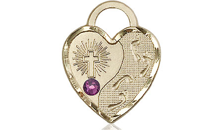 14kt Gold Filled Footprints Heart Medal with a 3mm Amethyst Swarovski stone