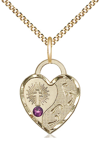 14kt Gold Filled Footprints Heart Pendant with a 3mm Amethyst Swarovski stone on a 18 inch Gold Plate Light Curb chain