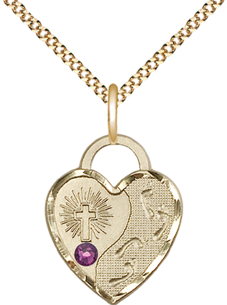 14kt Gold Filled Footprints Heart Pendant with a 3mm Amethyst Swarovski stone on a 18 inch Gold Plate Light Curb chain