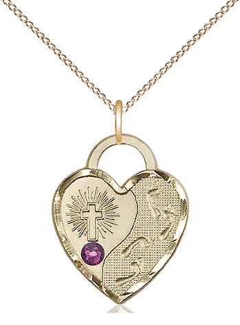 14kt Gold Filled Footprints Heart Pendant with a 3mm Amethyst Swarovski stone on a 18 inch Gold Filled Light Curb chain