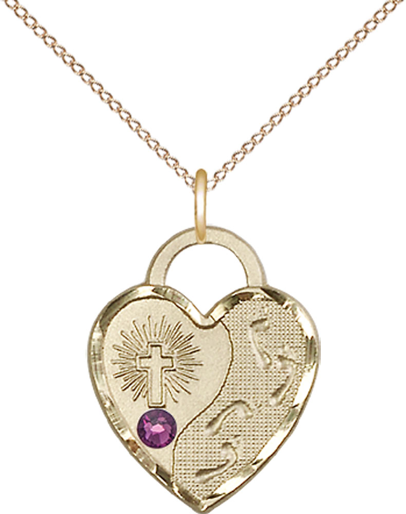 14kt Gold Filled Footprints Heart Pendant with a 3mm Amethyst Swarovski stone on a 18 inch Gold Filled Light Curb chain