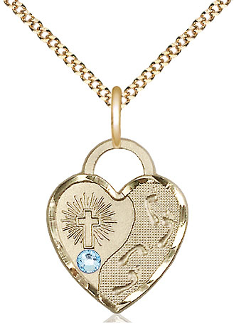 14kt Gold Filled Footprints Heart Pendant with a 3mm Aqua Swarovski stone on a 18 inch Gold Plate Light Curb chain