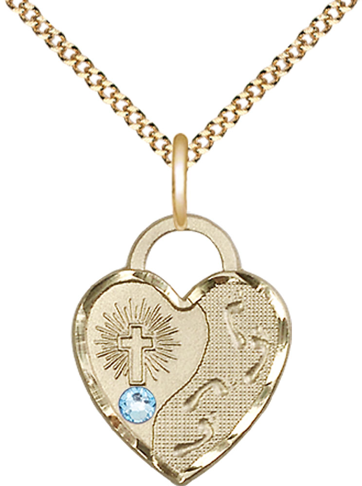 14kt Gold Filled Footprints Heart Pendant with a 3mm Aqua Swarovski stone on a 18 inch Gold Plate Light Curb chain