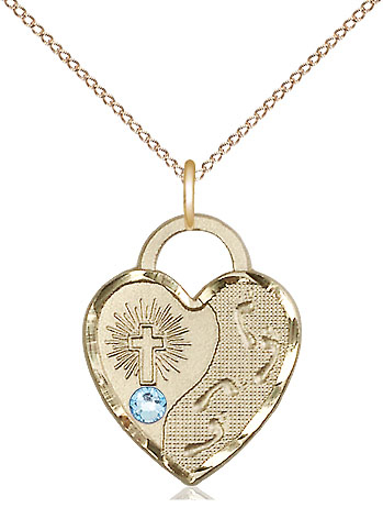 14kt Gold Filled Footprints Heart Pendant with a 3mm Aqua Swarovski stone on a 18 inch Gold Filled Light Curb chain