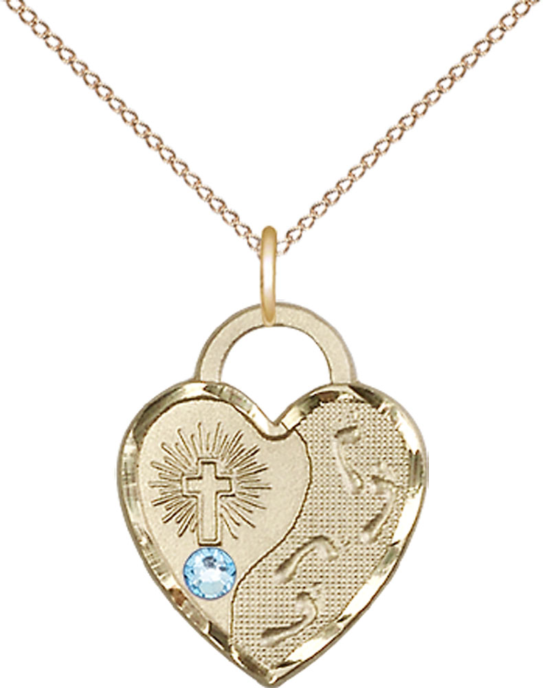 14kt Gold Filled Footprints Heart Pendant with a 3mm Aqua Swarovski stone on a 18 inch Gold Filled Light Curb chain