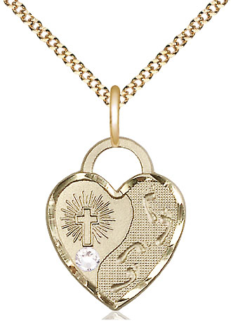 14kt Gold Filled Footprints Heart Pendant with a 3mm Crystal Swarovski stone on a 18 inch Gold Plate Light Curb chain