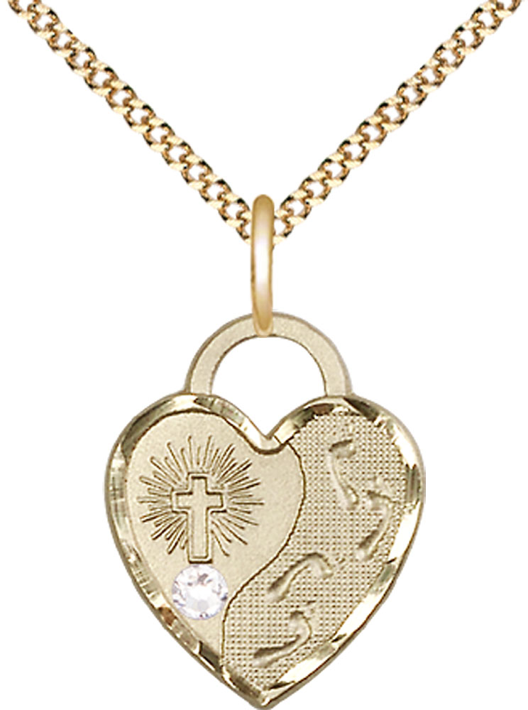 14kt Gold Filled Footprints Heart Pendant with a 3mm Crystal Swarovski stone on a 18 inch Gold Plate Light Curb chain