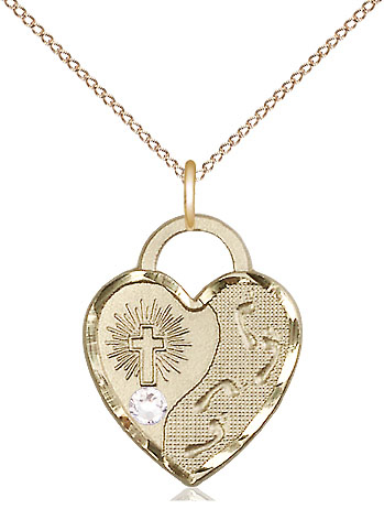 14kt Gold Filled Footprints Heart Pendant with a 3mm Crystal Swarovski stone on a 18 inch Gold Filled Light Curb chain