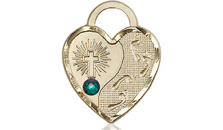 14kt Gold Filled Footprints Heart Medal with a 3mm Emerald Swarovski stone