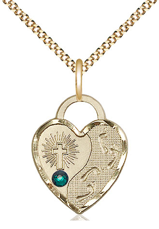 14kt Gold Filled Footprints Heart Pendant with a 3mm Emerald Swarovski stone on a 18 inch Gold Plate Light Curb chain