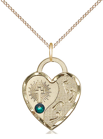 14kt Gold Filled Footprints Heart Pendant with a 3mm Emerald Swarovski stone on a 18 inch Gold Filled Light Curb chain