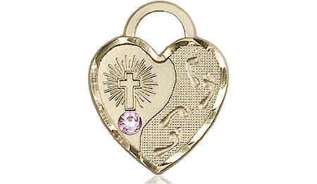 14kt Gold Filled Footprints Heart Medal with a 3mm Light Amethyst Swarovski stone