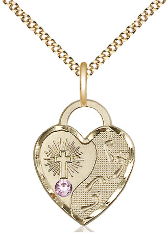 14kt Gold Filled Footprints Heart Pendant with a 3mm Light Amethyst Swarovski stone on a 18 inch Gold Plate Light Curb chain