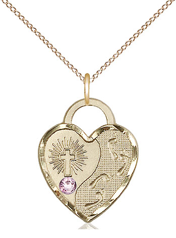 14kt Gold Filled Footprints Heart Pendant with a 3mm Light Amethyst Swarovski stone on a 18 inch Gold Filled Light Curb chain