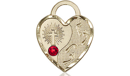 14kt Gold Filled Footprints Heart Medal with a 3mm Ruby Swarovski stone