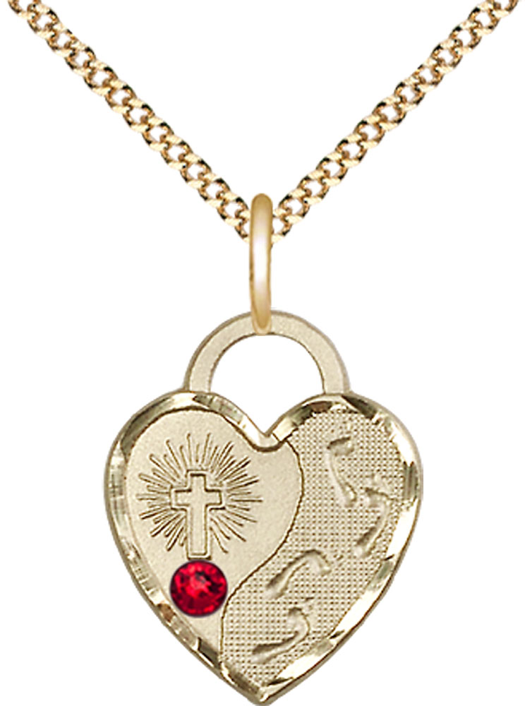 14kt Gold Filled Footprints Heart Pendant with a 3mm Ruby Swarovski stone on a 18 inch Gold Plate Light Curb chain