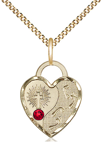 14kt Gold Filled Footprints Heart Pendant with a 3mm Ruby Swarovski stone on a 18 inch Gold Plate Light Curb chain
