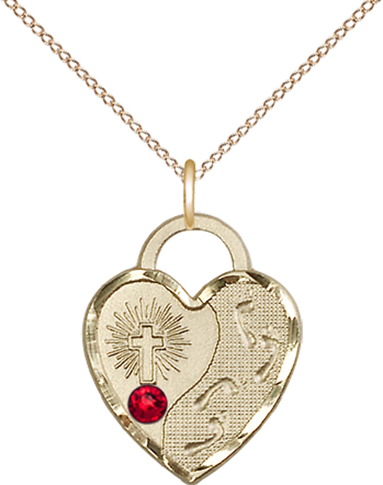 14kt Gold Filled Footprints Heart Pendant with a 3mm Ruby Swarovski stone on a 18 inch Gold Filled Light Curb chain