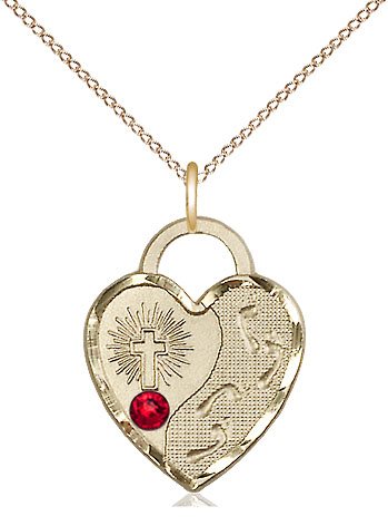 14kt Gold Filled Footprints Heart Pendant with a 3mm Ruby Swarovski stone on a 18 inch Gold Filled Light Curb chain