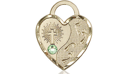 14kt Gold Filled Footprints Heart Medal with a 3mm Peridot Swarovski stone