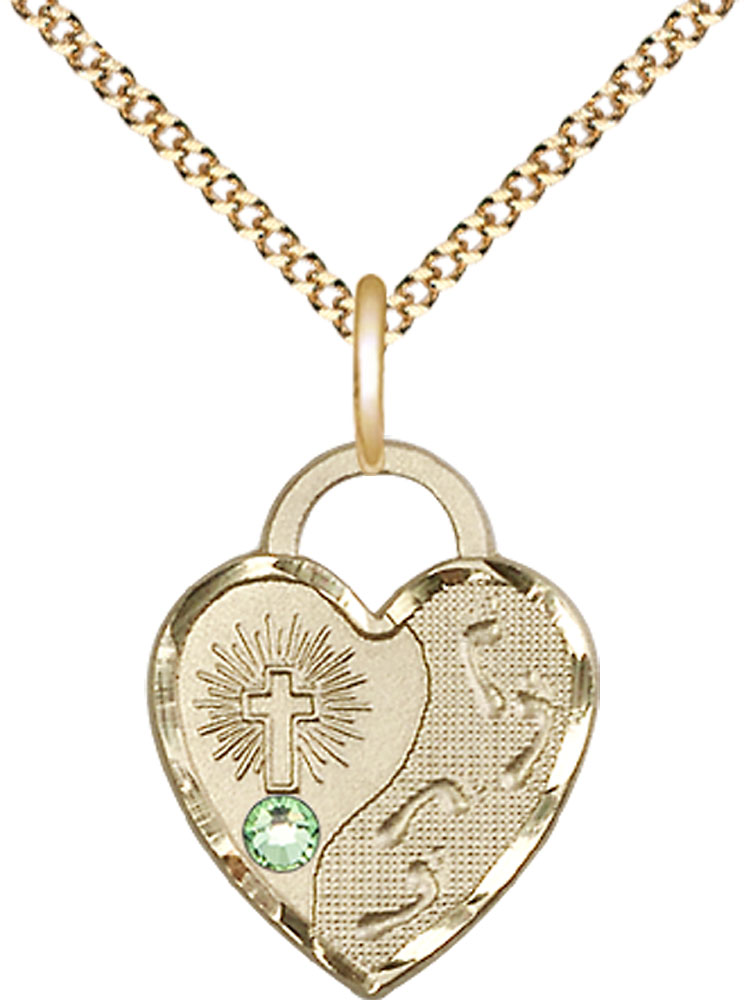 14kt Gold Filled Footprints Heart Pendant with a 3mm Peridot Swarovski stone on a 18 inch Gold Plate Light Curb chain