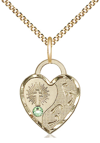 14kt Gold Filled Footprints Heart Pendant with a 3mm Peridot Swarovski stone on a 18 inch Gold Plate Light Curb chain