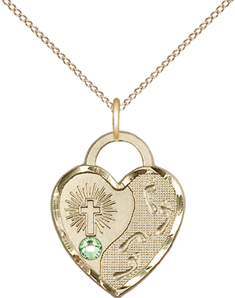 14kt Gold Filled Footprints Heart Pendant with a 3mm Peridot Swarovski stone on a 18 inch Gold Filled Light Curb chain