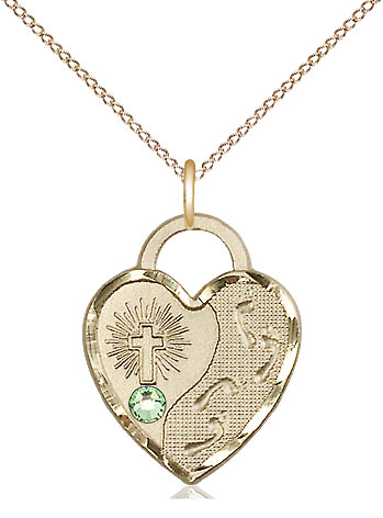14kt Gold Filled Footprints Heart Pendant with a 3mm Peridot Swarovski stone on a 18 inch Gold Filled Light Curb chain
