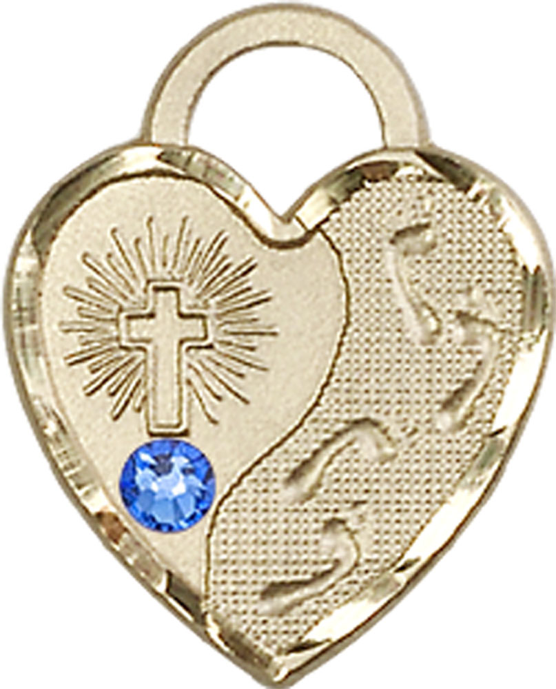 14kt Gold Filled Footprints Heart Medal with a 3mm Sapphire Swarovski stone