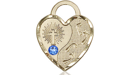 14kt Gold Filled Footprints Heart Medal with a 3mm Sapphire Swarovski stone