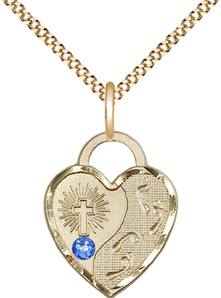 14kt Gold Filled Footprints Heart Pendant with a 3mm Sapphire Swarovski stone on a 18 inch Gold Plate Light Curb chain