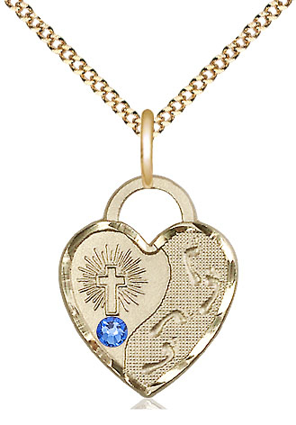 14kt Gold Filled Footprints Heart Pendant with a 3mm Sapphire Swarovski stone on a 18 inch Gold Plate Light Curb chain