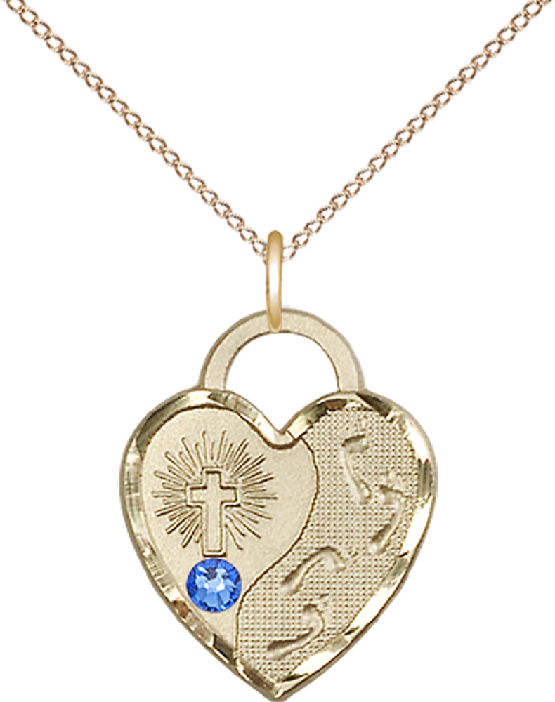 14kt Gold Filled Footprints Heart Pendant with a 3mm Sapphire Swarovski stone on a 18 inch Gold Filled Light Curb chain