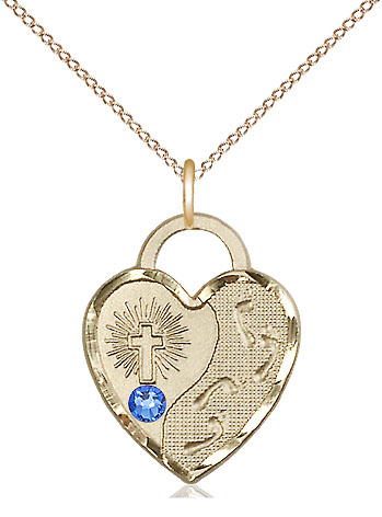 14kt Gold Filled Footprints Heart Pendant with a 3mm Sapphire Swarovski stone on a 18 inch Gold Filled Light Curb chain