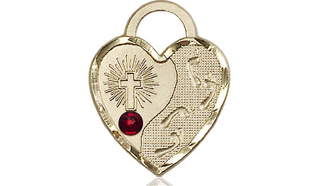 14kt Gold Footprints Heart Medal with a 3mm Garnet Swarovski stone