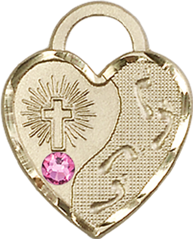 14kt Gold Footprints Heart Medal with a 3mm Rose Swarovski stone