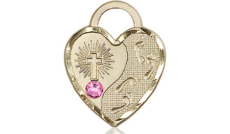 14kt Gold Footprints Heart Medal with a 3mm Rose Swarovski stone