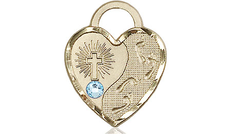 14kt Gold Footprints Heart Medal with a 3mm Aqua Swarovski stone