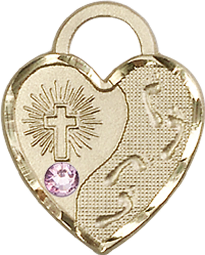 14kt Gold Footprints Heart Medal with a 3mm Light Amethyst Swarovski stone