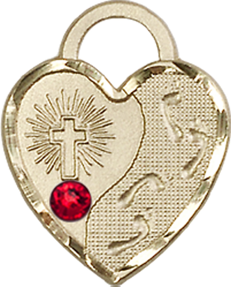 14kt Gold Footprints Heart Medal with a 3mm Ruby Swarovski stone