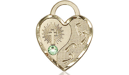 14kt Gold Footprints Heart Medal with a 3mm Peridot Swarovski stone