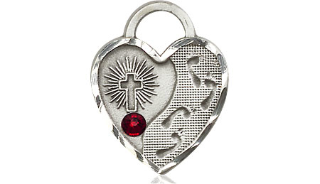 Sterling Silver Footprints Heart Medal with a 3mm Garnet Swarovski stone