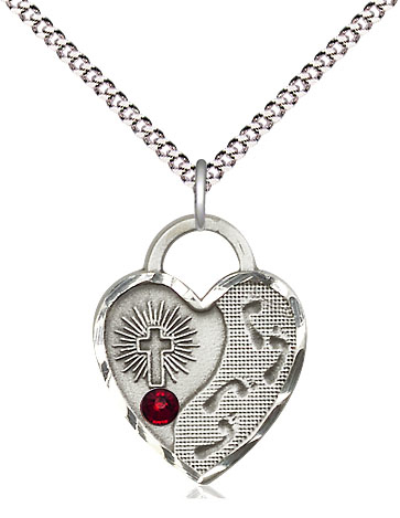 Sterling Silver Footprints Heart Pendant with a 3mm Garnet Swarovski stone on a 18 inch Light Rhodium Light Curb chain