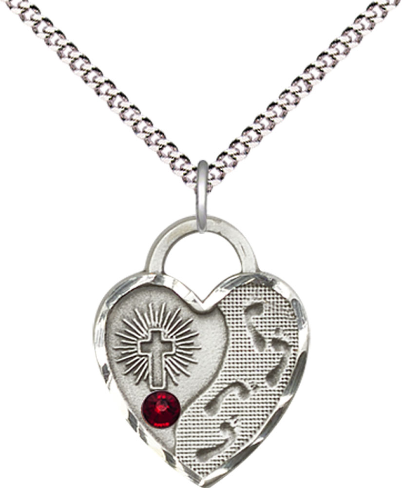 Sterling Silver Footprints Heart Pendant with a 3mm Garnet Swarovski stone on a 18 inch Light Rhodium Light Curb chain